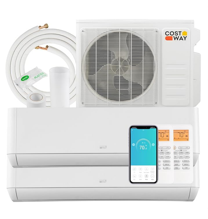 COSTWAY 18K BTU Dual 2 Zone Mini Split AC/Heating System, 22 SEER2 9,000 + 9,000 BTU Wall Mount Ductless Inverter Air Conditioner, Pre-Charged, Compatible with Alexa(Greenforce Series) WIFI