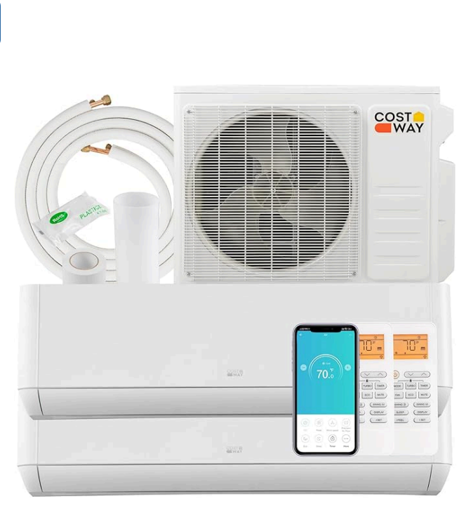 COSTWAY 18K BTU Dual 2 Zone Mini Split AC/Heating System, 22 SEER2 12,000 + 12,000 BTU Wall Mount Ductless Inverter Air Conditioner, Pre-Charged, Compatible with Alexa(Greenforce Series)