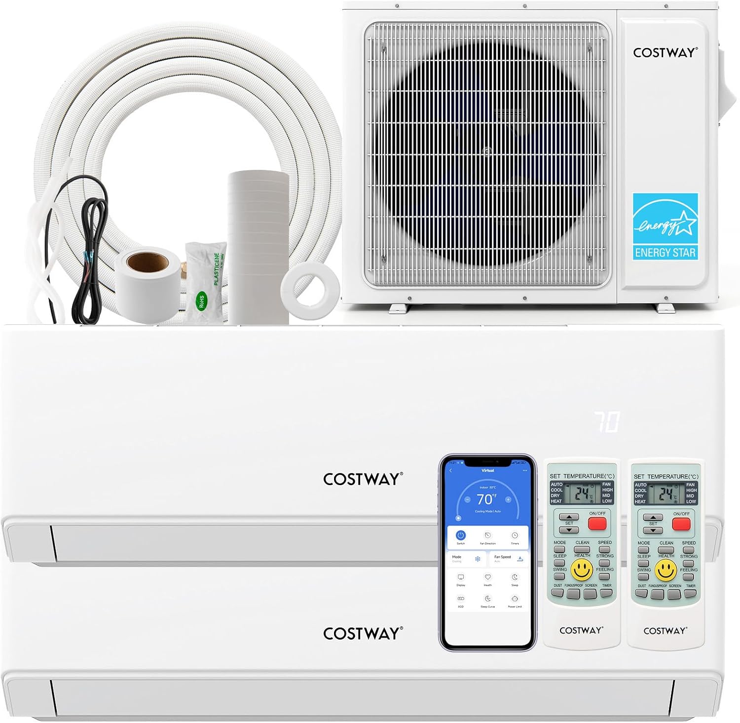 COSTWAY 18K BTU Dual 7000BTU+9000BTU 2-Zone Mini Split AC & Heat Pump - R32 Gas, 208-230V, WiFi Yes, 22 SEER2