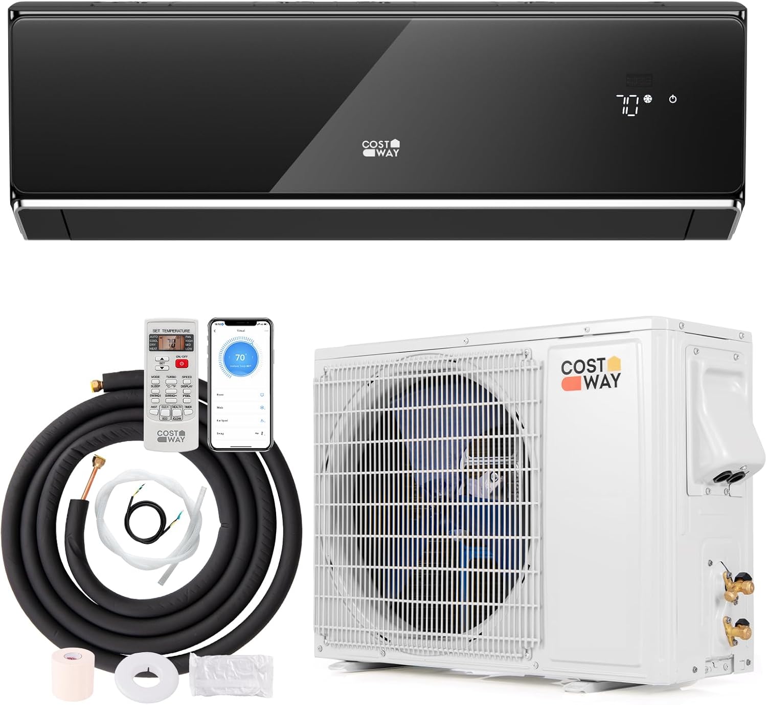 COSTWAY 18,000 BTU Mini Split AC & Heat Pump - R32 Gas, 208-230V, WiFi Yes, 21 SEER2, Black