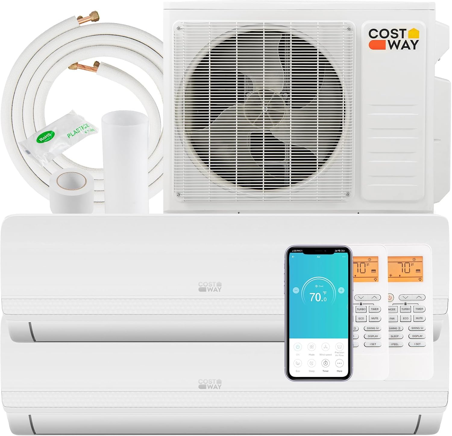 COSTWAY 18K BTU Dual 2-Zone 9000btu+9000btu Mini Split AC & Heat Pump - R410A Gas, 208-230V, WiFi Yes, 20 SEER2